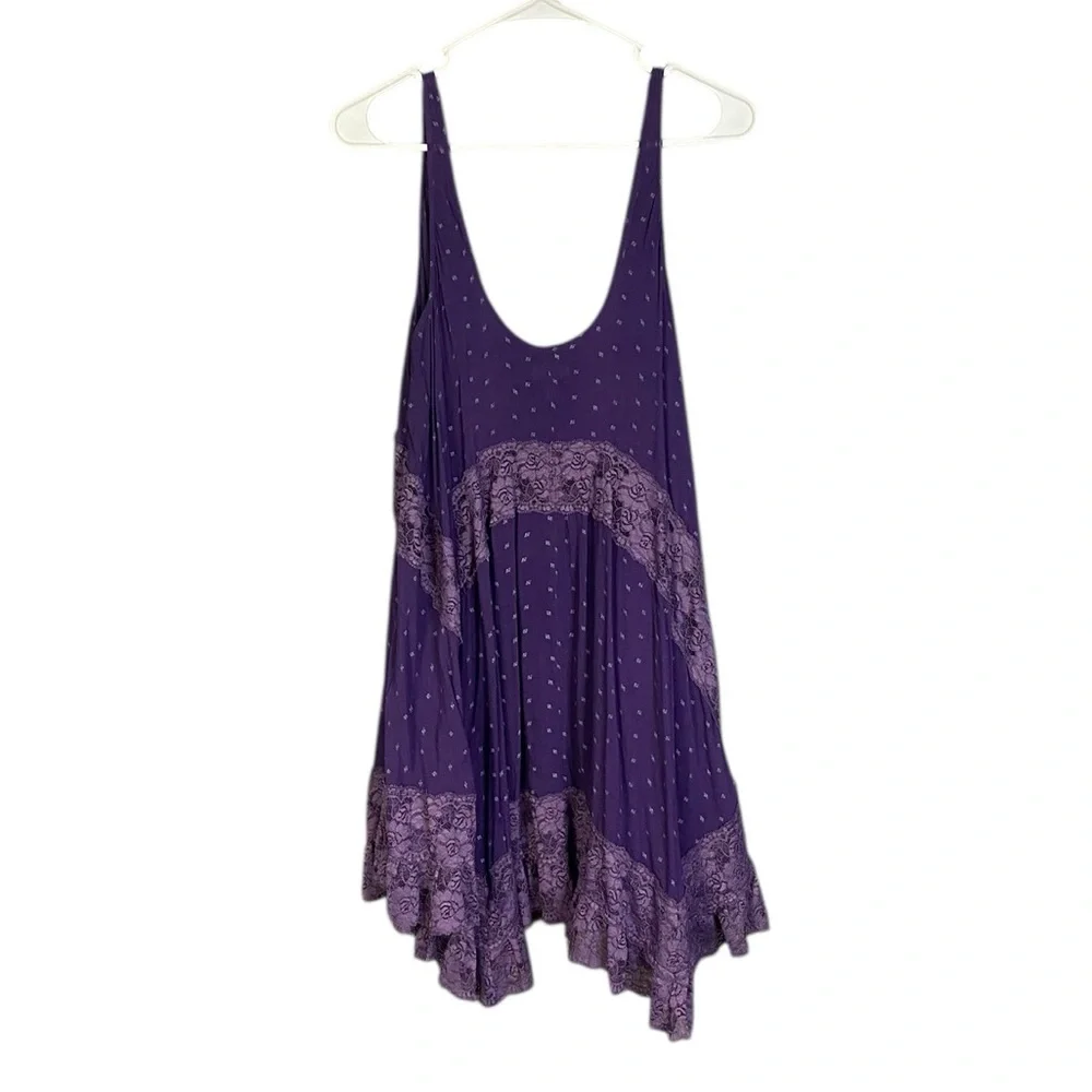 Free People Intimately Violet Lace Trim Bohemian Mini Dress Women's Medium - Picture 2 of 7